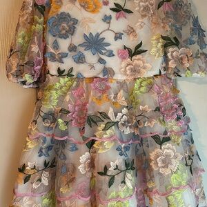 Embroidered Floral Mesh Party Dress for Girls - Multicolor